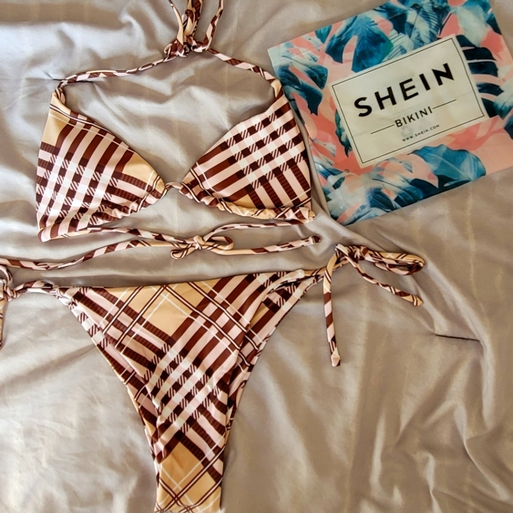 Shein 2 Piece Halter tie Bikini Swimsuit, Brown/Tan, Size Small